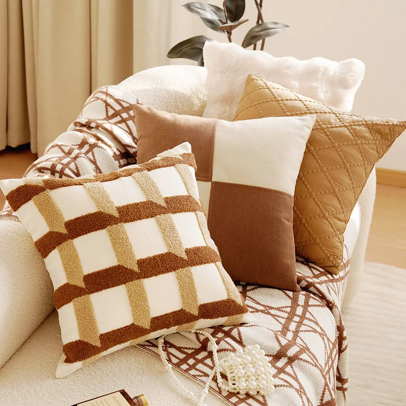 Embroidered French Light Luxury Pillow Cover Mailand Tone and Cream Color Patchwork Cushion Cover For Sofa Headboard Bay Window