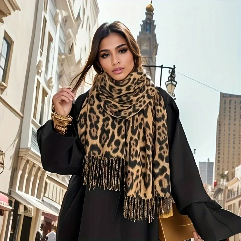 Luxury Women's Cashmere - Leopard Print Scarf Shawl - Toned Animal Print Winter Wrap, Soft Windproof Warm Cashmere Shawl for Parties Weddings Outfits, Elegant Tassel Fringe Cashmere Scarf (Hand Wash/Dry Clean)