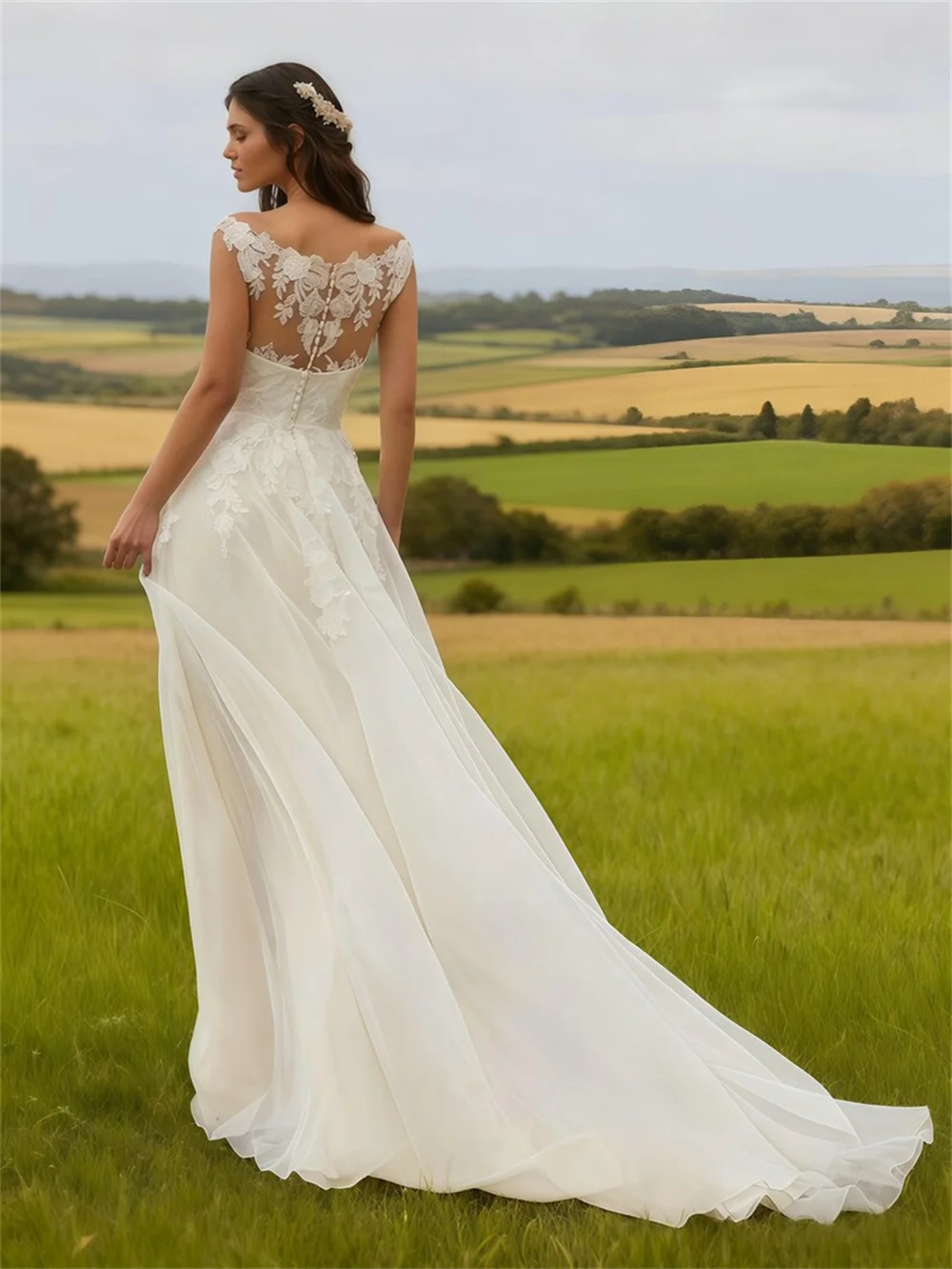 طوكيو مخصص الأبيض ألف خط فساتين الزفاف أنيقة الخامس الرقبة بلا أكمام زي العرائس 2025 عودة البريدي ذيل محكمة فساتين الزفاف #2