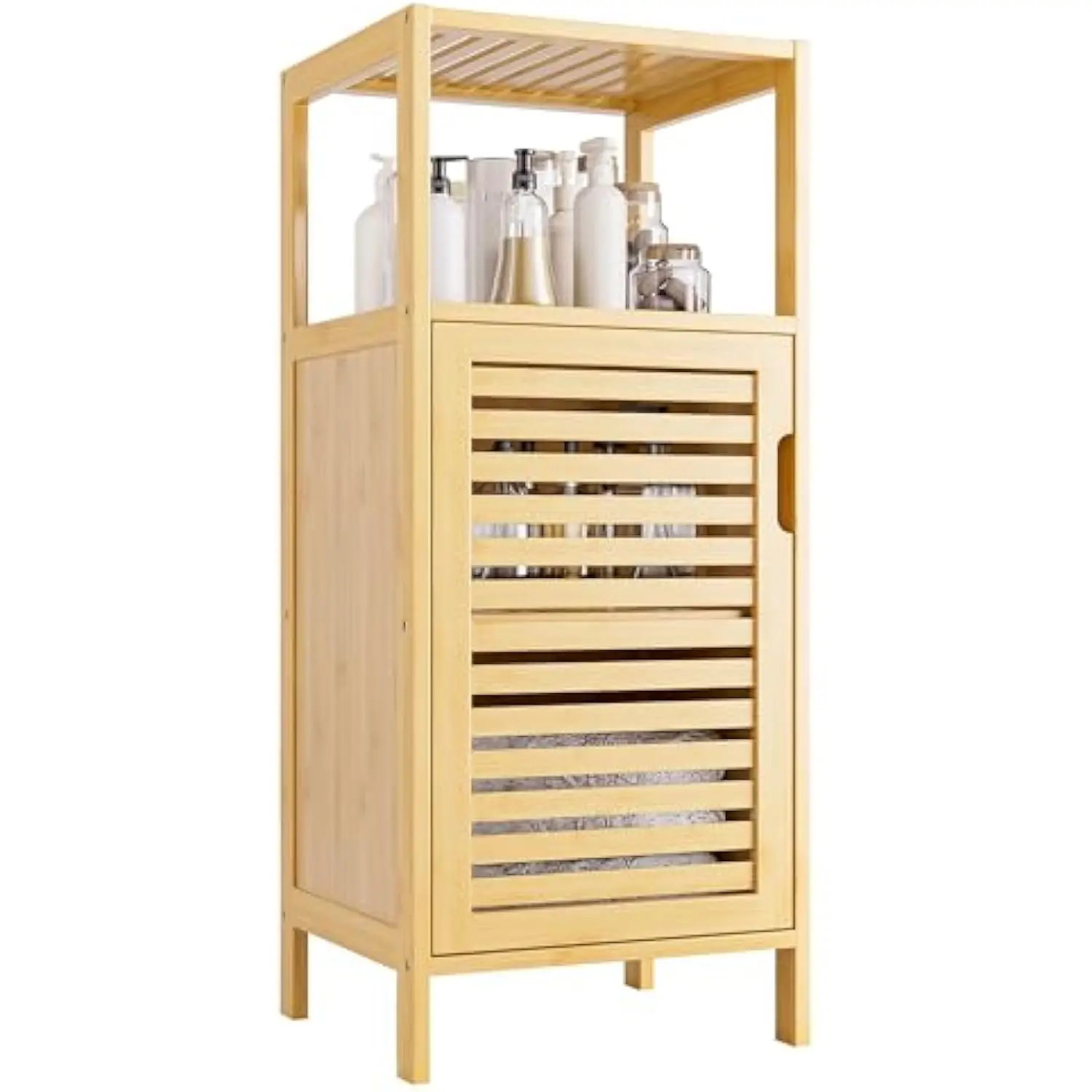 

Bathroom Cabinet Freestanding, Small Bamboo Floor Cabinet, 4 Tier Single Door Sofa Side Table Storage Organizer, Space Saving