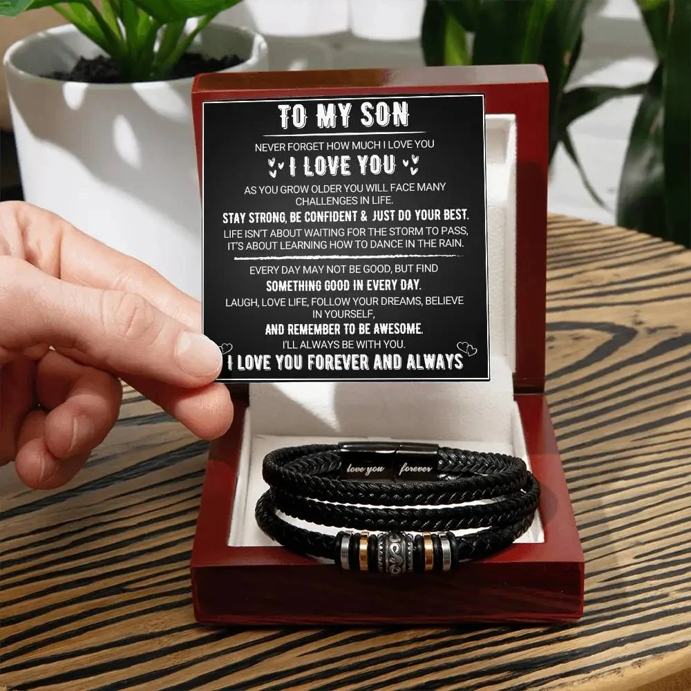 A mi hijo, pulsera tejida multicapa de acero inoxidable, pulsera de cuero de moda de acero de titanio para hombre, conjunto de regalo grabado