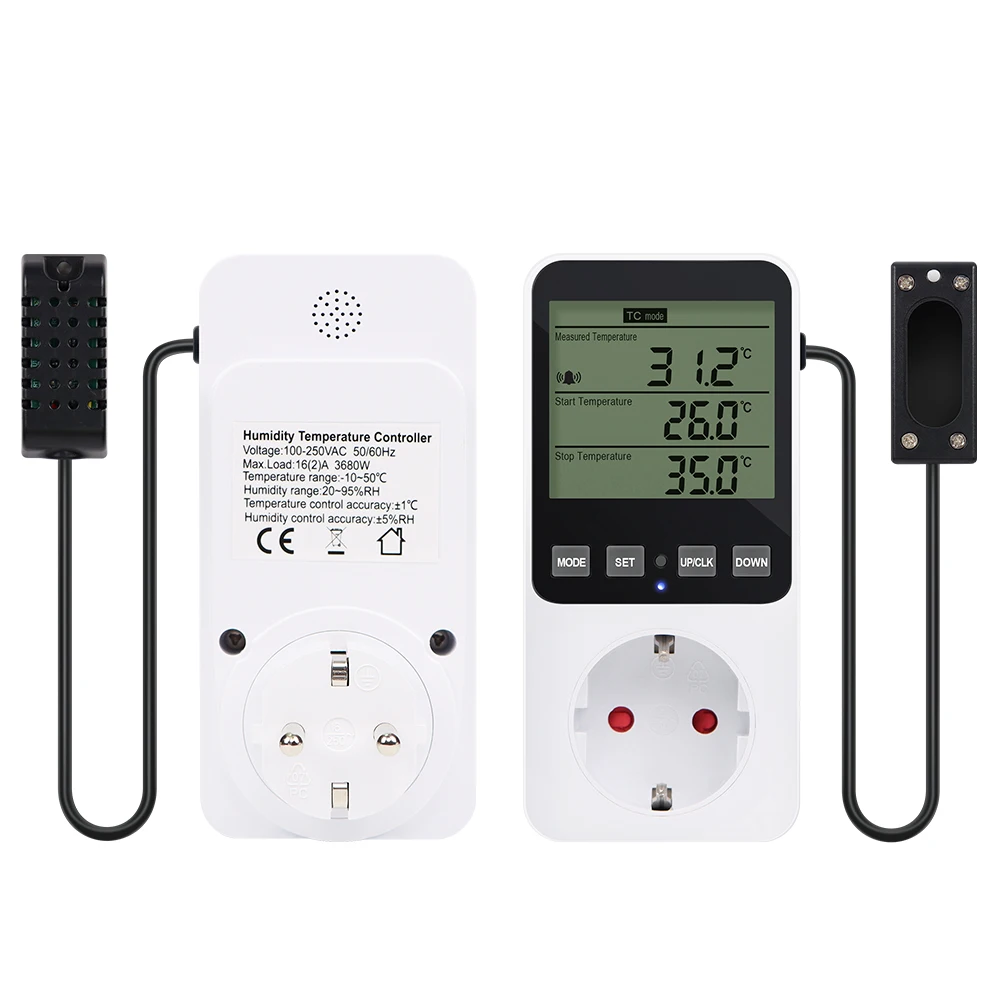 EU/US/FR/UK Socket Thermostaat LCD Display Digitale Temperatuur-vochtigheidsregelaar met Sensor Huishoudelijk Smart ℃ / ℉   Thermostaat