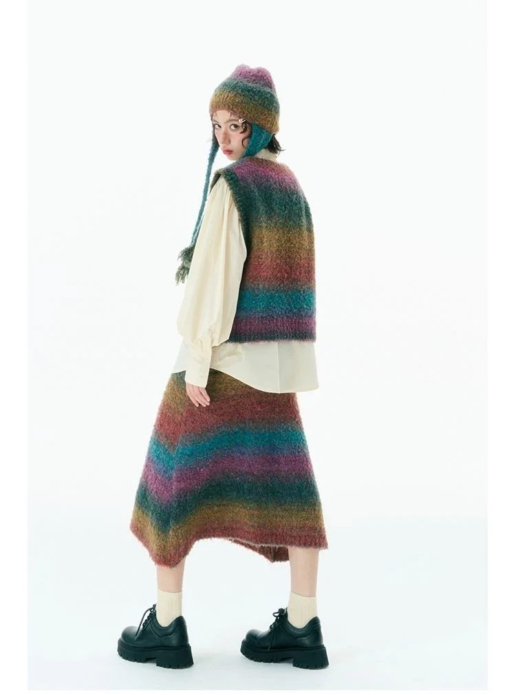 Korobov Y2k Rainbow Stripe Sleeveless Vneck Vest Knit Half Skirt Gradients Color Female Two Piece Set Vintage Fall Outfits Women