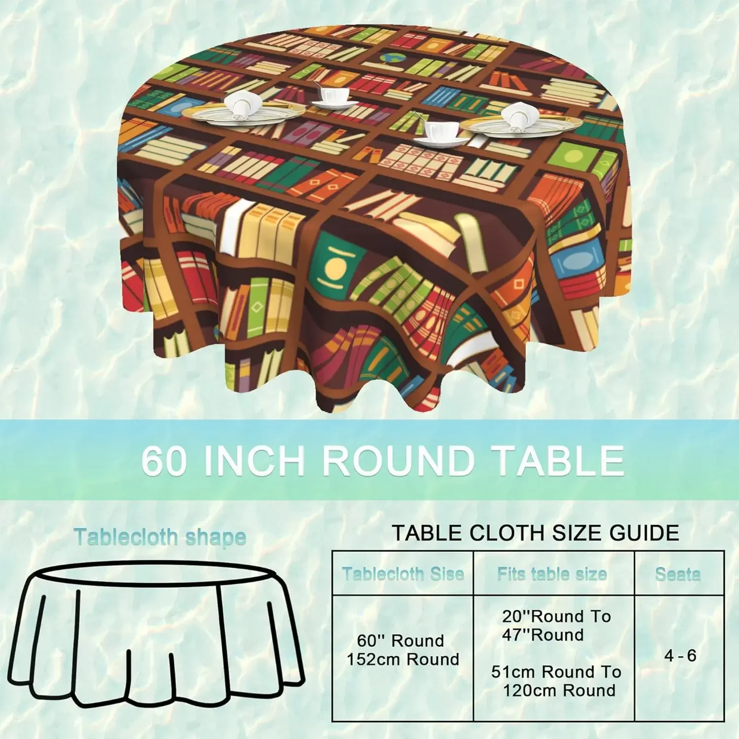 Library Round Tablecloth Bookshelves Books Globe Waterproof Stain Free Table Cover for Home Kitchen Dining Party Picnic