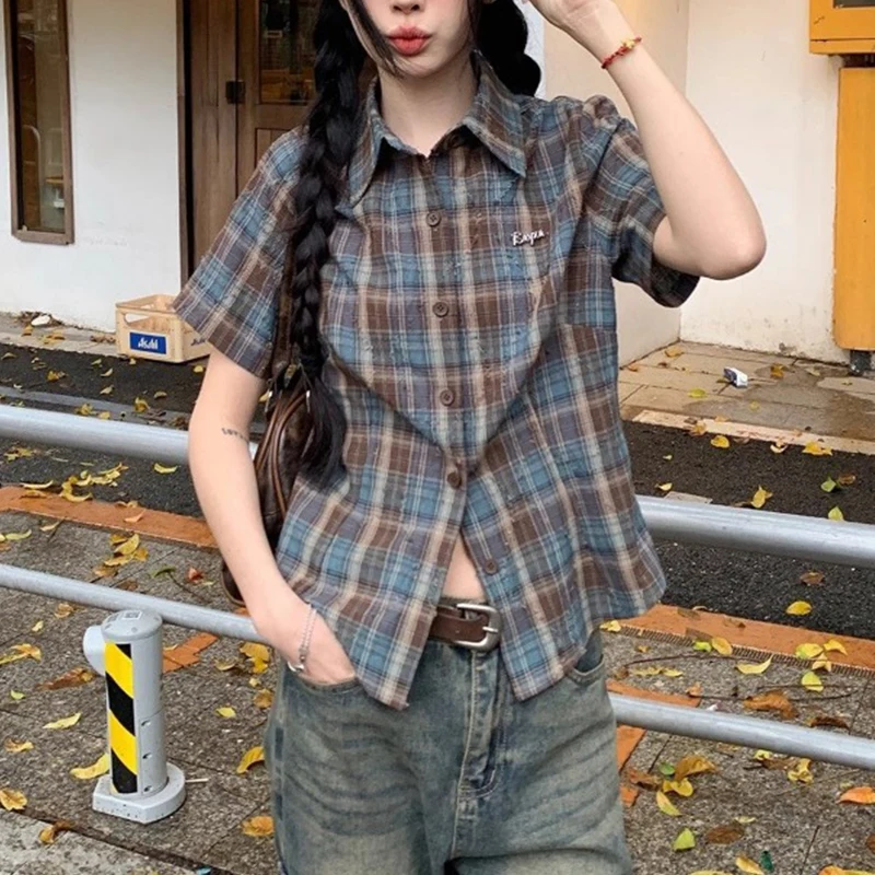 

Womens Cropped Plaid Short Sleeve Shirt Retro Checkered Button Down Casual Slim Fit Top