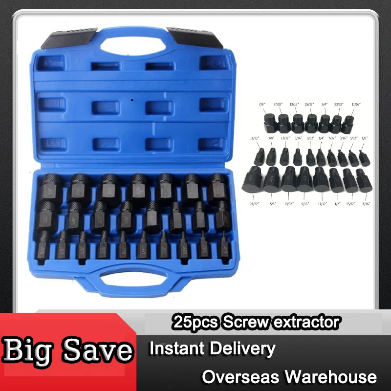 25pcs Screw Extractor Set Broken Bolt Remover Pins Spiral and Nut Extractors Stripped Screws Studs Fittings Extraction Tool