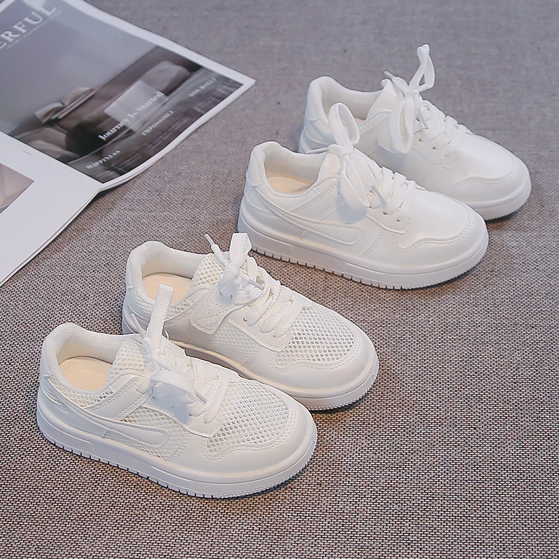 Spring Autumn Toddler Kids White Casual Sneakers Mesh Leather Lace Up Non-Slip Soft Sole for Daily School Outdoor Play Wear