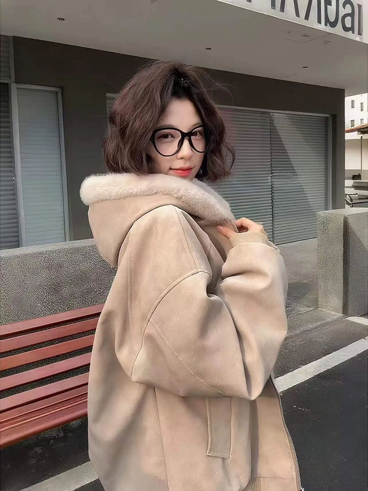 

Thiened Fce Winter Jaet Lazy Dyeing PU Leather Cotton Coat Neutral Sle Vintage Zipped Long Sve Hooded Casual lin