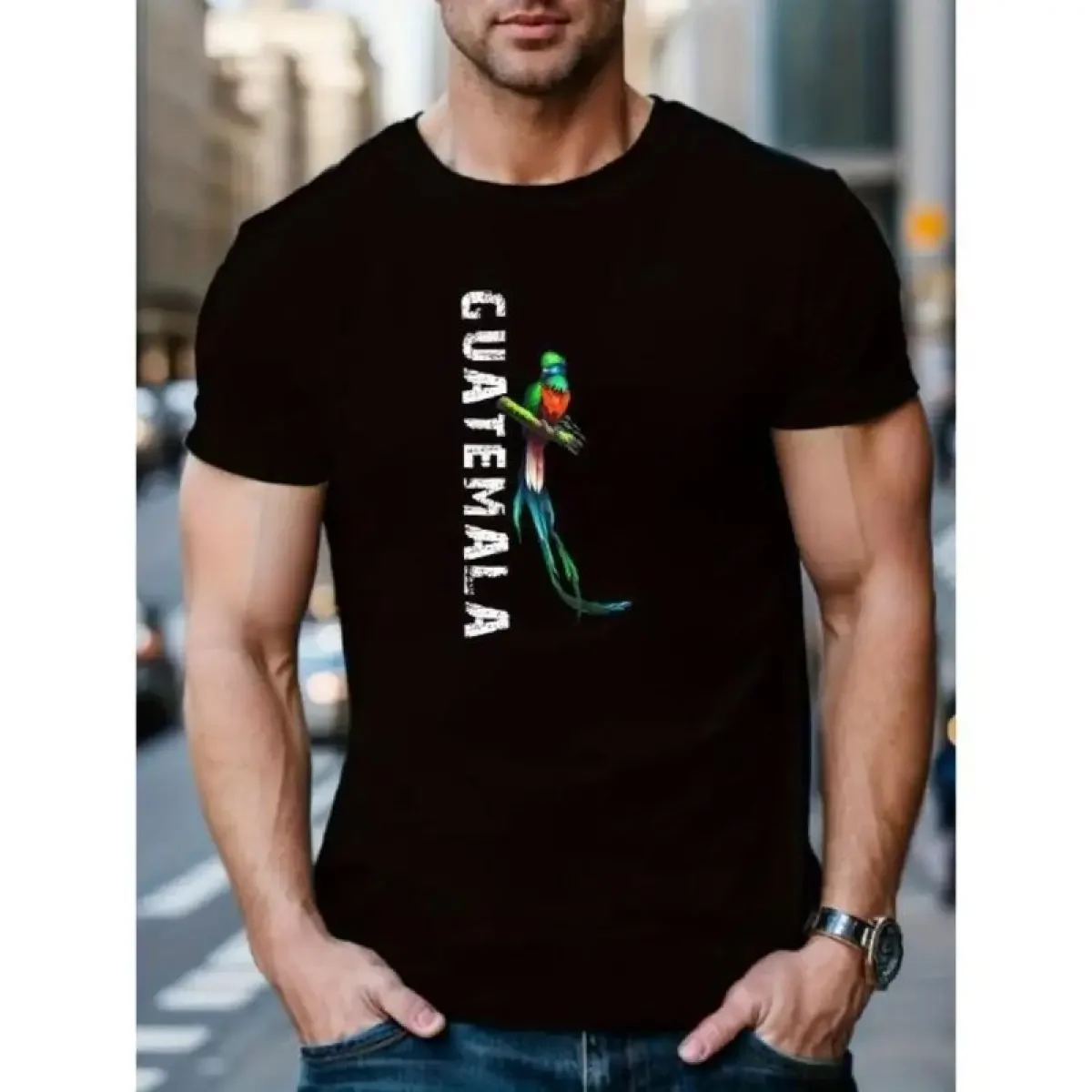 Motion Range Guatemala-Inspired Graphic Tee - Soft, Breathable Polyester, Round Neck, Regular Fit, Casual Summer Streetwear Shirt for Men - Vibrant Bird Print, Comfortable Wear Made In USA