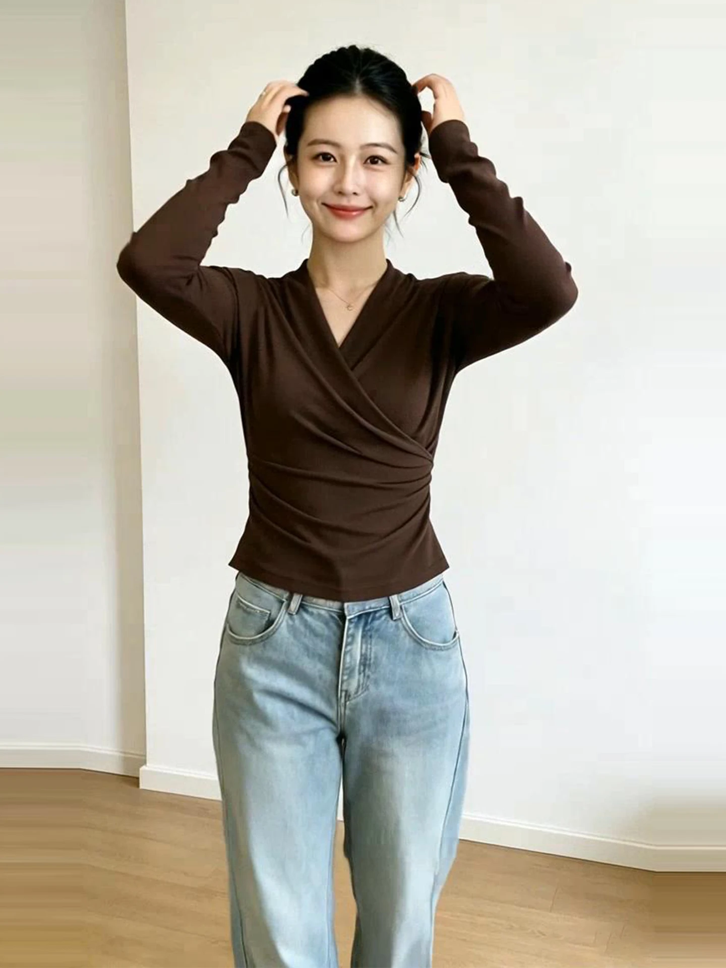 plus Size Elegant V-Neck Cross T-Shirt Women's Long Sleeve Slim Fit Base Shirt Correct Shoulder Upper Body Casual Style Knitt...
