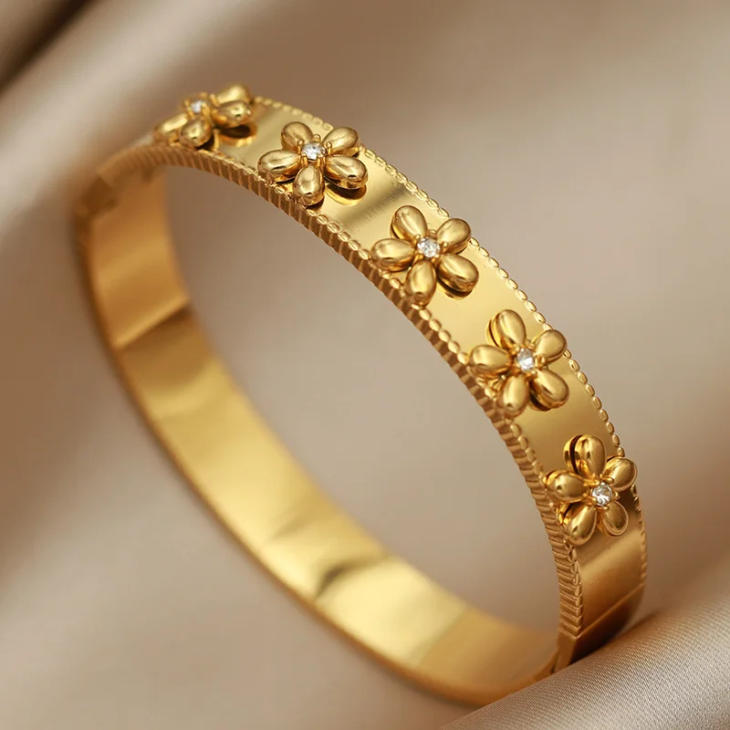

Stainless Steel Metal Crystal Flower Bangles&bracelets for Women Fashion Brand Jewelry Classic Simple Style Bangle Accessories