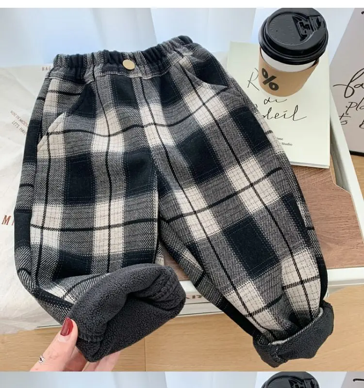 

Boys' and Girls' Velvet Pants Autumn/Winter New Korean Edition Stylish Children's Wear Handsome Casual Plaid Pants