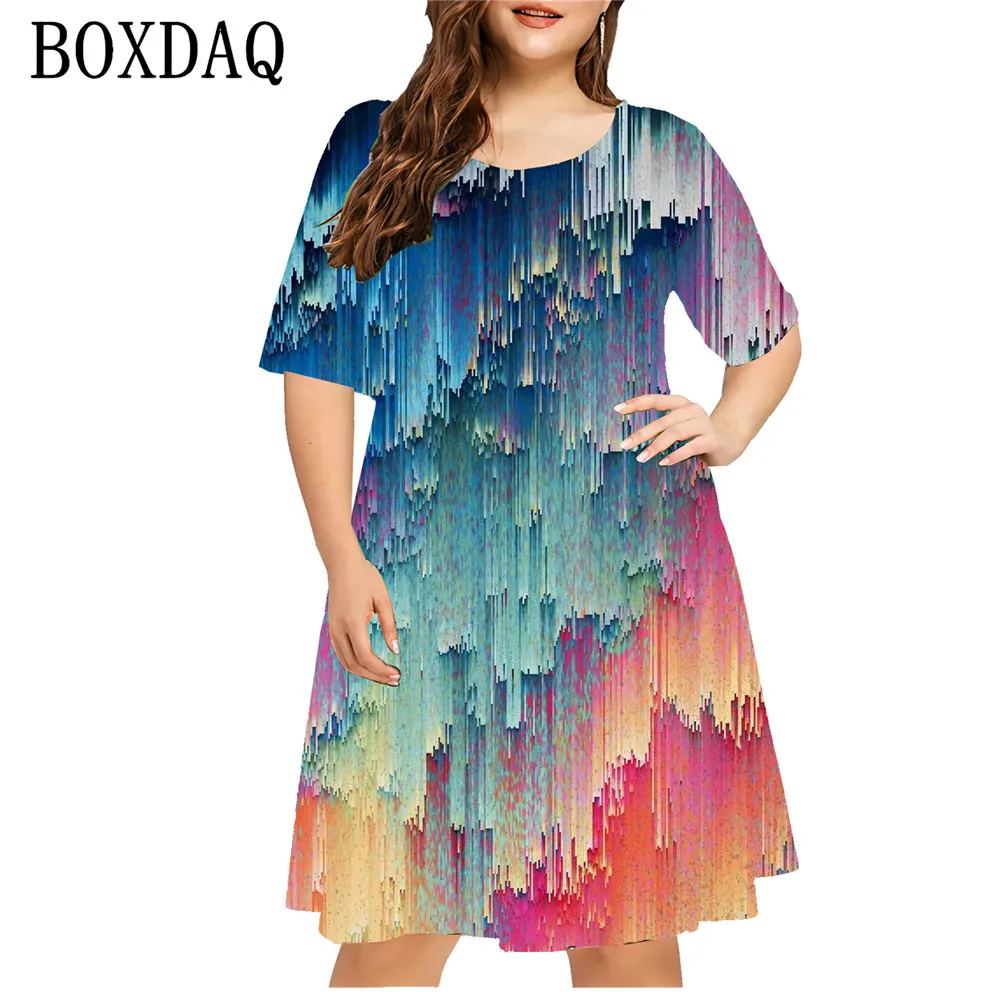Abstract Gradient Tie Dye Painted Women Dress Summer 2024 Retro 3D Print Loose Dress Casual Fashion Plus Size Women Clothing 9XL