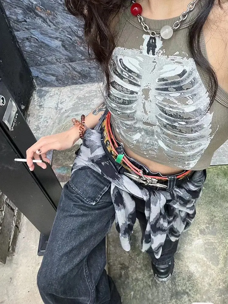 Punk donna estetica scheletro stampa Grunge canotta gotica Top Y2k vestiti Vintage corsetto canotta Baby Tees Emo girl Crop Top