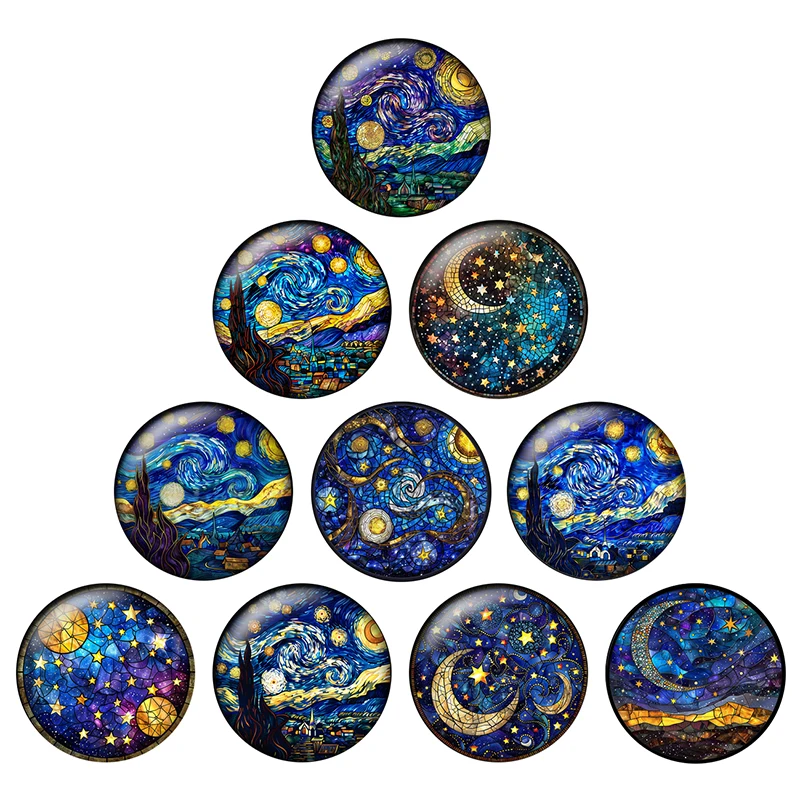 24pcs Round Glass Cabochons 8mm-25mm Blue Starry Sky Stars and Moon Art Patterns DIY Jewelry Making Findings & Components H316