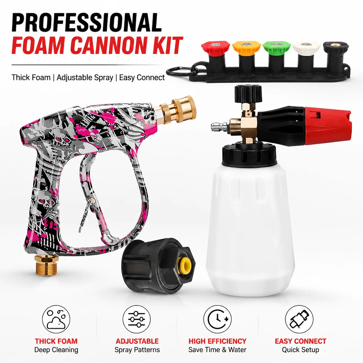 Stylish Graffiti Car Wash Gun Kit, Equipped with Foam Pot, 5 Nozzles, Fixed Base and General Compatible Plastic Karcher Adapter