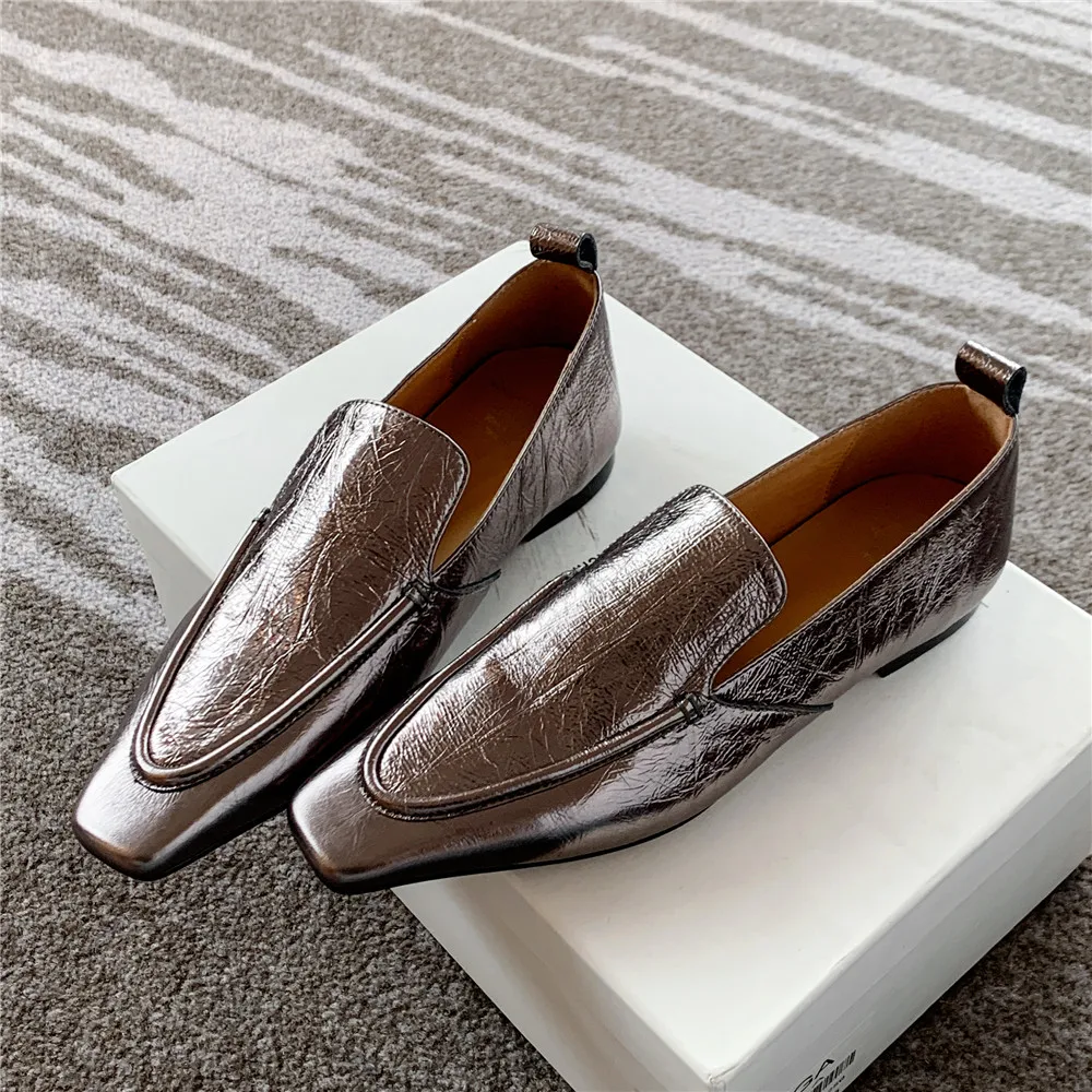 Aucegi Concise Women Genuine Cow Leather Slip On Loafers Casual Square Toe Black Flat Office Lady Spring Autumn Daily Life Shoes