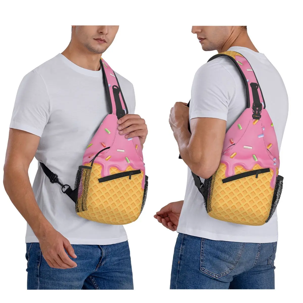 Strawberry Ice Cream Chest Bag Men Sling Crossbody Backpack Chest Bag Travel Hiking Daypack Shoulder Bag