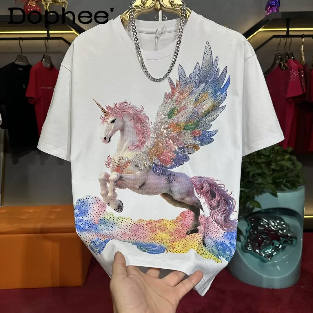 

Новая мужская футболка 2026 года с обильной отделкой стразами, свободный крой, круглый вырез, короткий рукав, летняя модная универсальная модель