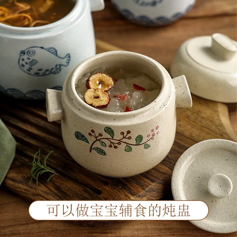 Ceramic Stew Pot Double Lid Steamed Japanese Egg Bowl Single Edible Small Bird's Nest Home Soup Cup Restaurant Kitchen Tableware