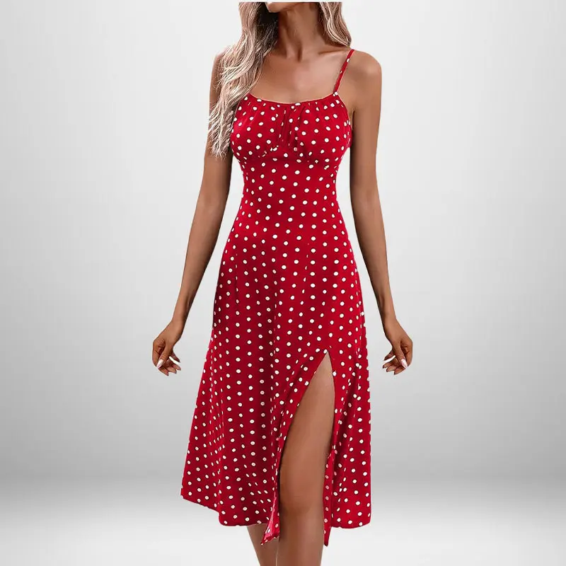 Zomer Sexy Spaghettibandjes Jurk Vrouwen Mode Polka Dot Print Mouwloze Split Jurk Y2k Boho Casual Strand Midi Jurken Плае