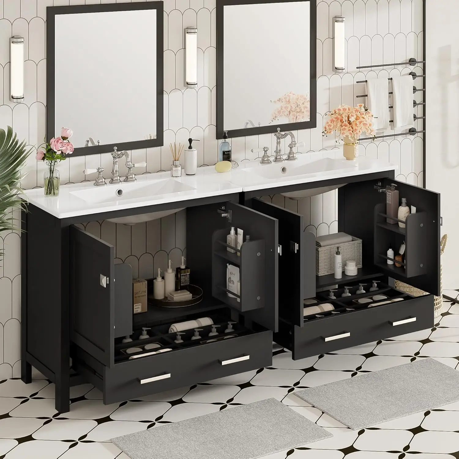 

72" Double Sink Bathroom Vanity Set with Storage Shelf & Divided Drawers Separate Installation Mirror Not Included Custom