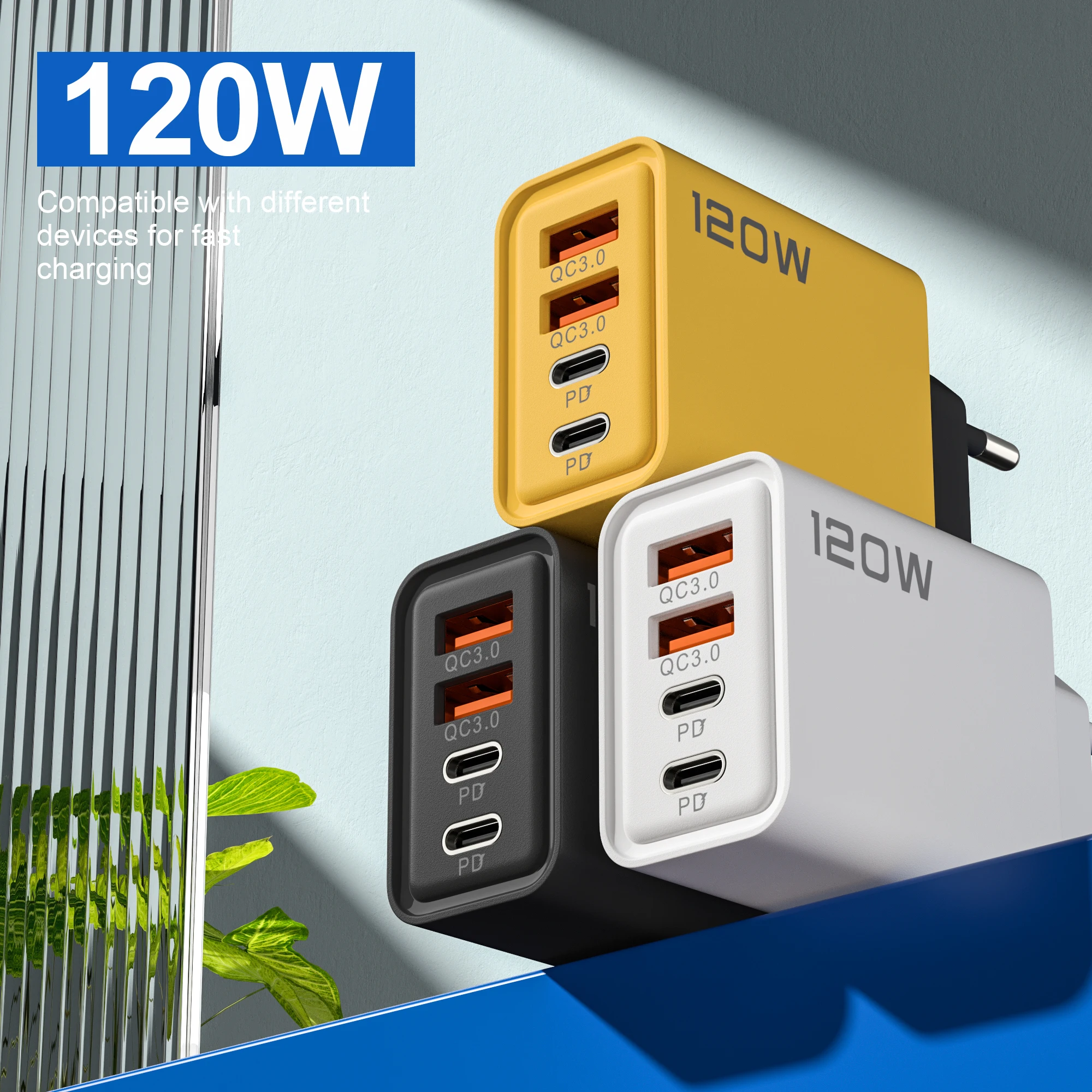 4 Port EU/US/UK Plug 120W Ultra Fast Charger 2USB 2PD Flash Charging USB 3.0 Mobile Phone Charger Fo