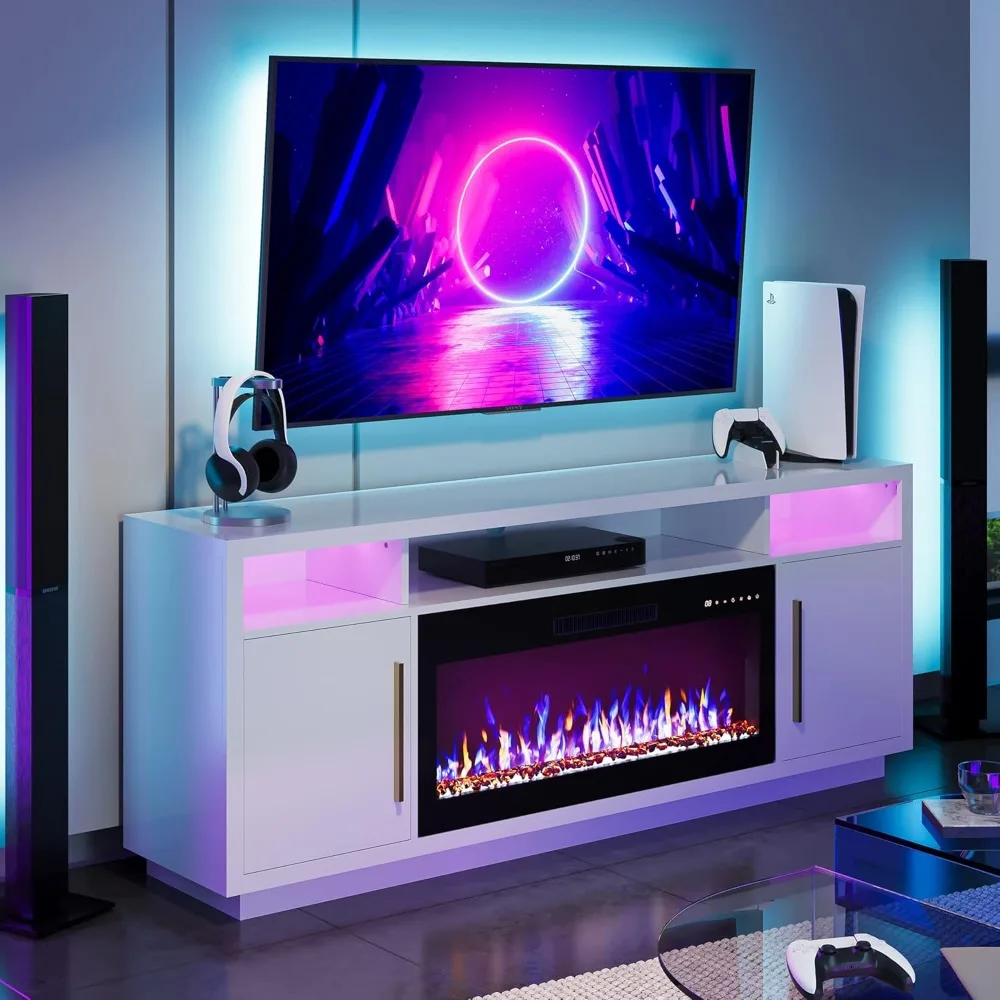 70-Zoll-Kamin-TV-Ständer für Fernseher bis zu 75 Zoll, LED-Licht-Entertainment-Center mit 36-Zoll-elektrischer Kaminheizung, Aufbewahrungsschrank