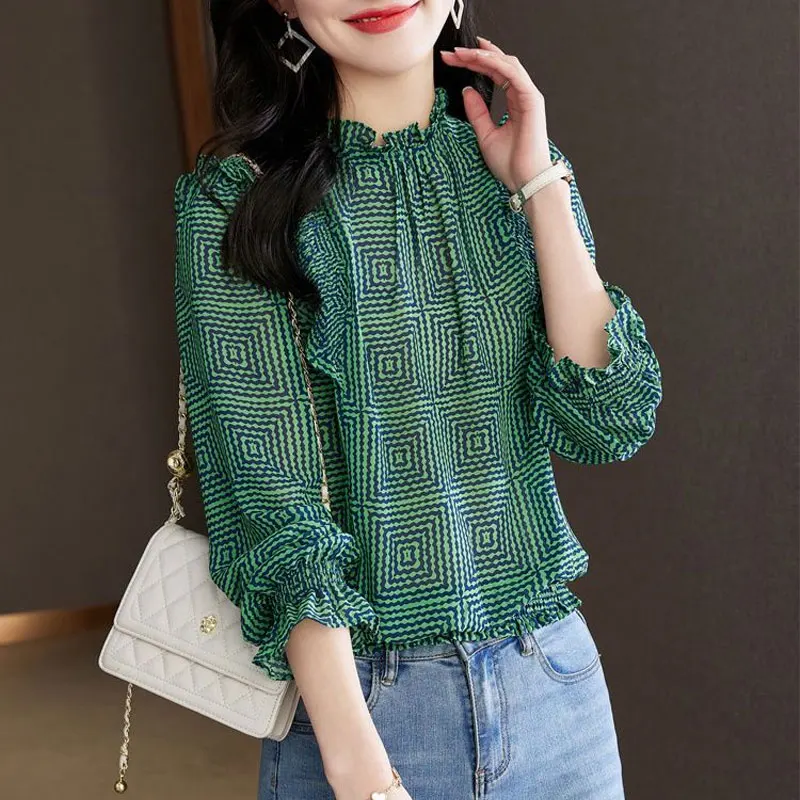 Commute Geometric Printed Shirt Elegant Folds Female Clothing Stylish Ruffles Spliced Shirring Spring Autumn Long Sleeve Blouse