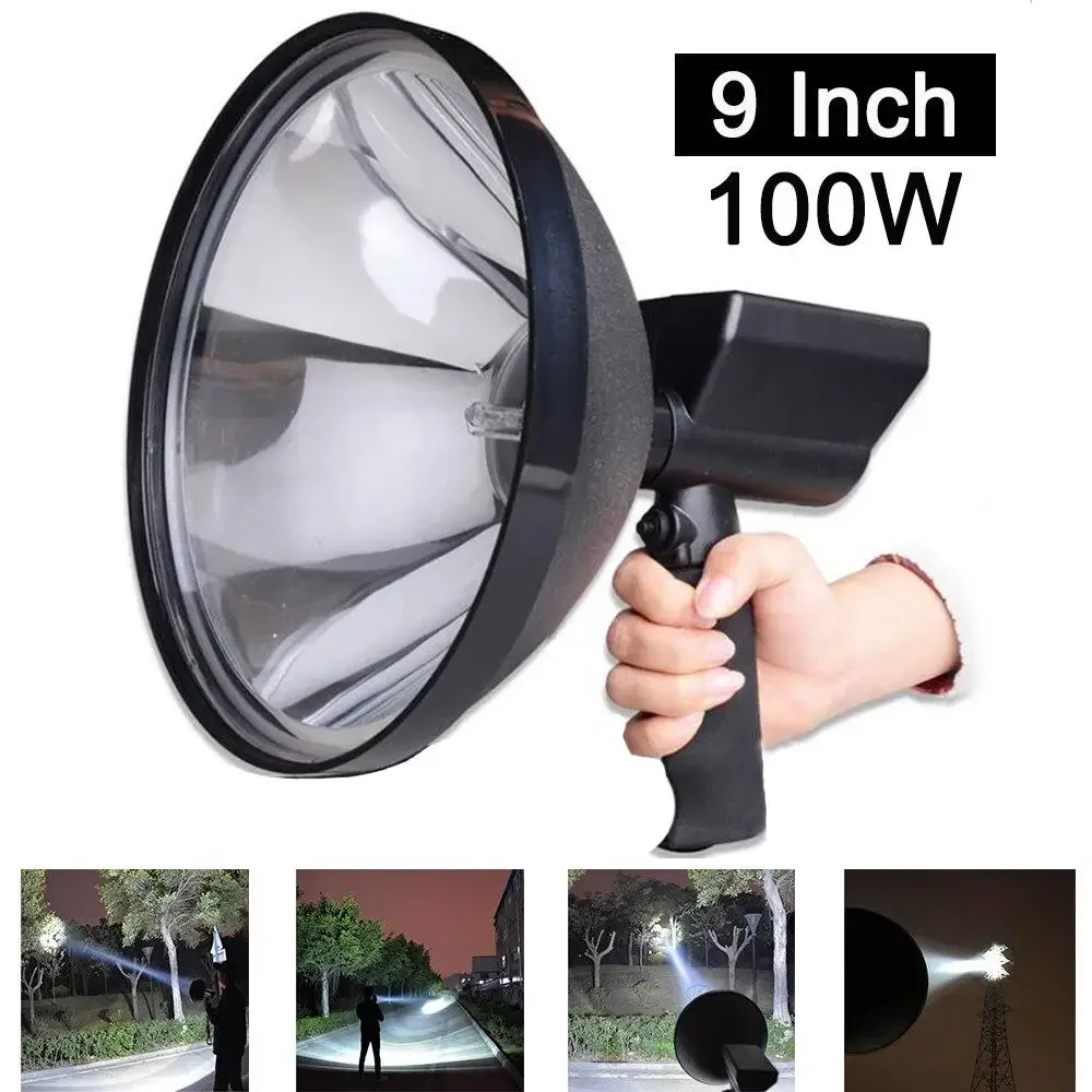 9 Inch 100W Car Work Light Outdoor Handheld Hunting Lamps Searchlight for Camping Fishing Motorcycle Waterproof Black Night