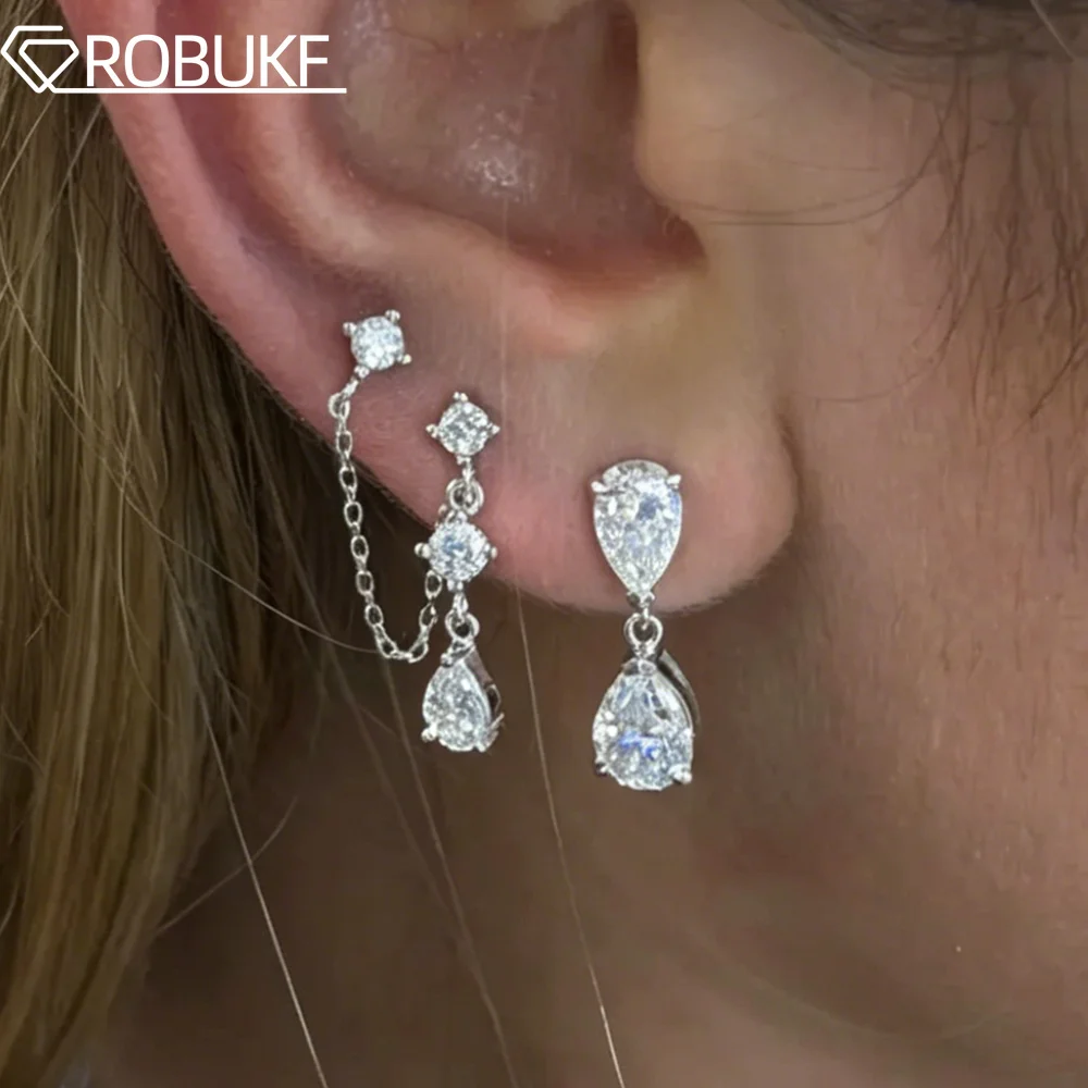 

1.8cttw Full Moissanite Pear Drop Chain Earrings for Women S925 Silver Double Earhole Ear Line Tassel Jewelry with GRA Certified