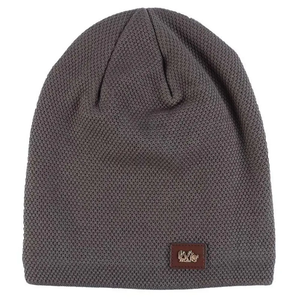 Warm Fleece Lined Casual Knitted Hat Label Decor Pullover Slouchy Winter Hats Knitted Material Solid Winter Beanie Winter Season