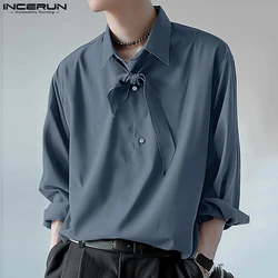 INCERUN Men Shirt Solid Color Lapel Long Sleeve Lace Up Casual Men Clothing Streetwear 2024 Loose Korean Style Fashion Shirts