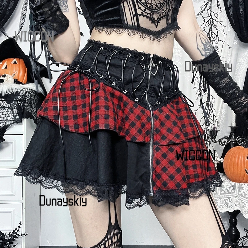 Minifalda gótica Y2K LOLITA para Halloween/Navidad/Oktoberfest/Pascua - Falda asimétrica de retazos con cadenas desmontables