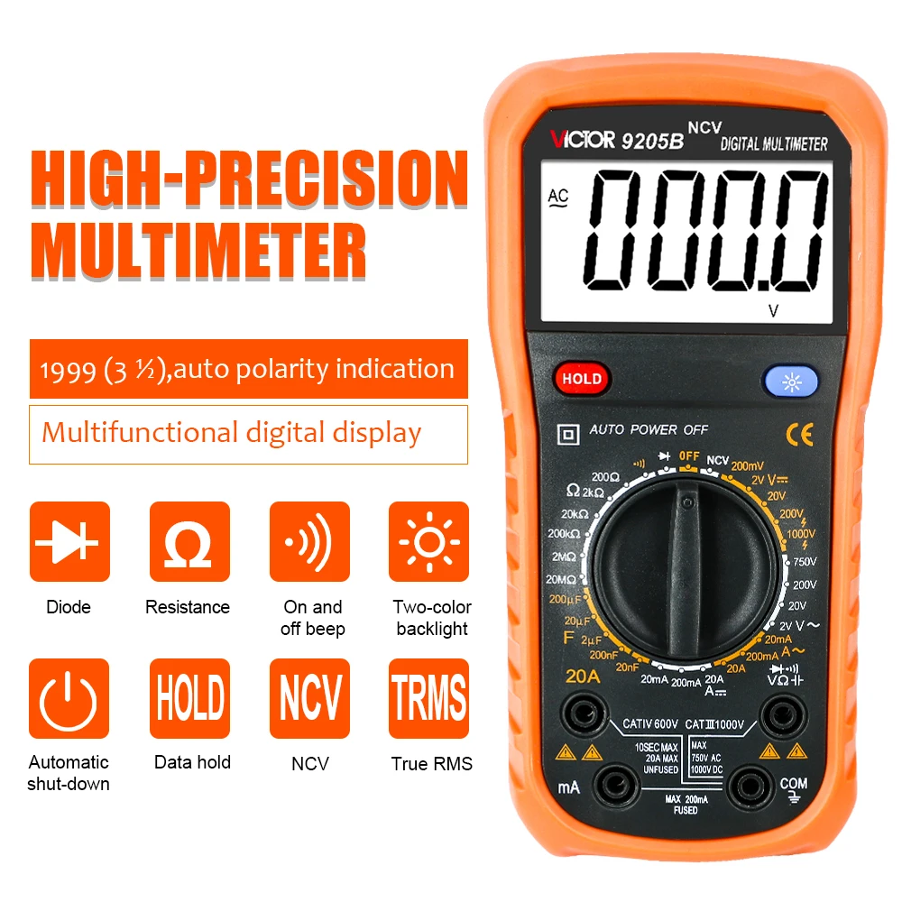 Victor 9205B Digital Multimeter NCV Electricista Machine LCD AC/DC Voltage Current Resistance Capactiance Frequency Diode Tester