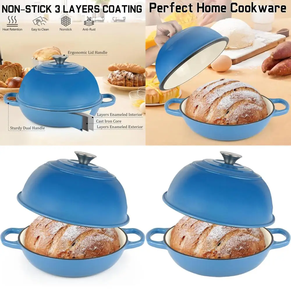 

Чугунная эмалированная сковорода-казан (6 кварт) с крышкой для выпечки хлеба и дрожжевого теста, синяя, с антипригарным покрытием