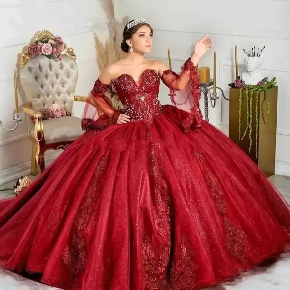 ANGELSBRIDEP Glittering Burgundy Quinceanera Dresses Puffly Sleeves Party Gown Vestidos De 15 Anos Applique Birthday Formal Robe