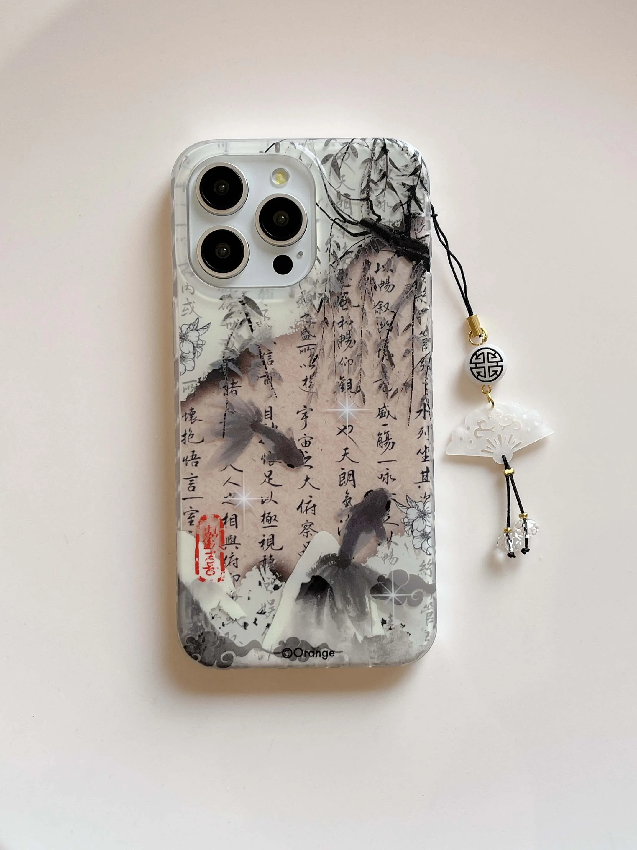 Chinese wash painting calligraphy phone case for iphone 13 15 13pro 15pro 14pro 14 12 pro max 14promax 3D fan bracelet fundas