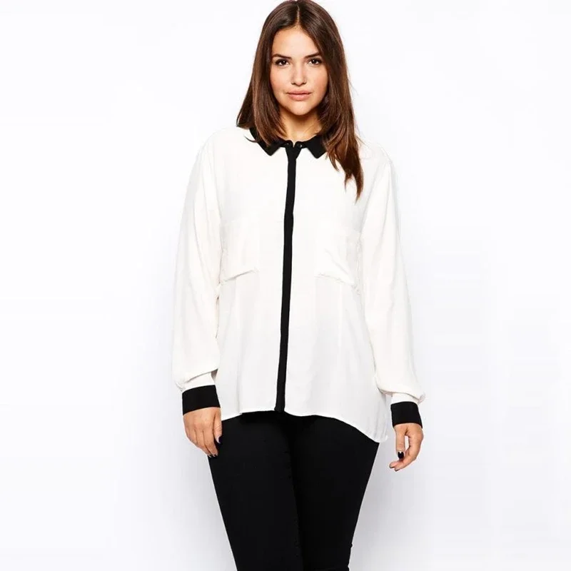 Plus Size Hi Low Elegant Fashion Shirt Women Long Sleeve White And Black Button Pocket Spring Autumn Formal Office Blouse 7XL 8X