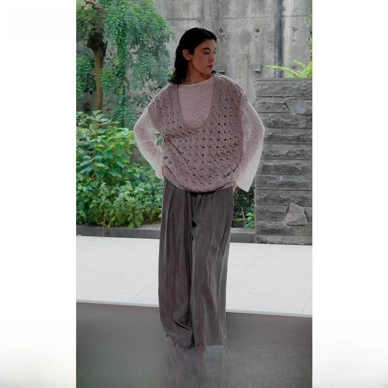 

Loose U-Ne Two-Sided Wearable Twist Flower Oaeal Walnut Coffee Color Knitted Vest Open Work Bal Top