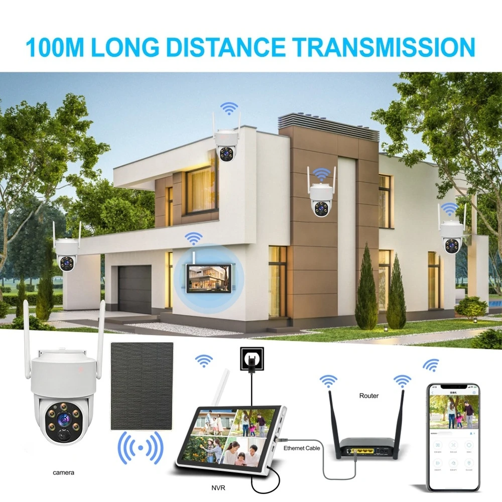 4CH Solar WiFi PTZ 2K 4MP CCTV    System Night Vision Two-Way Audio IP Network Cloud HDD Surveillance Systems