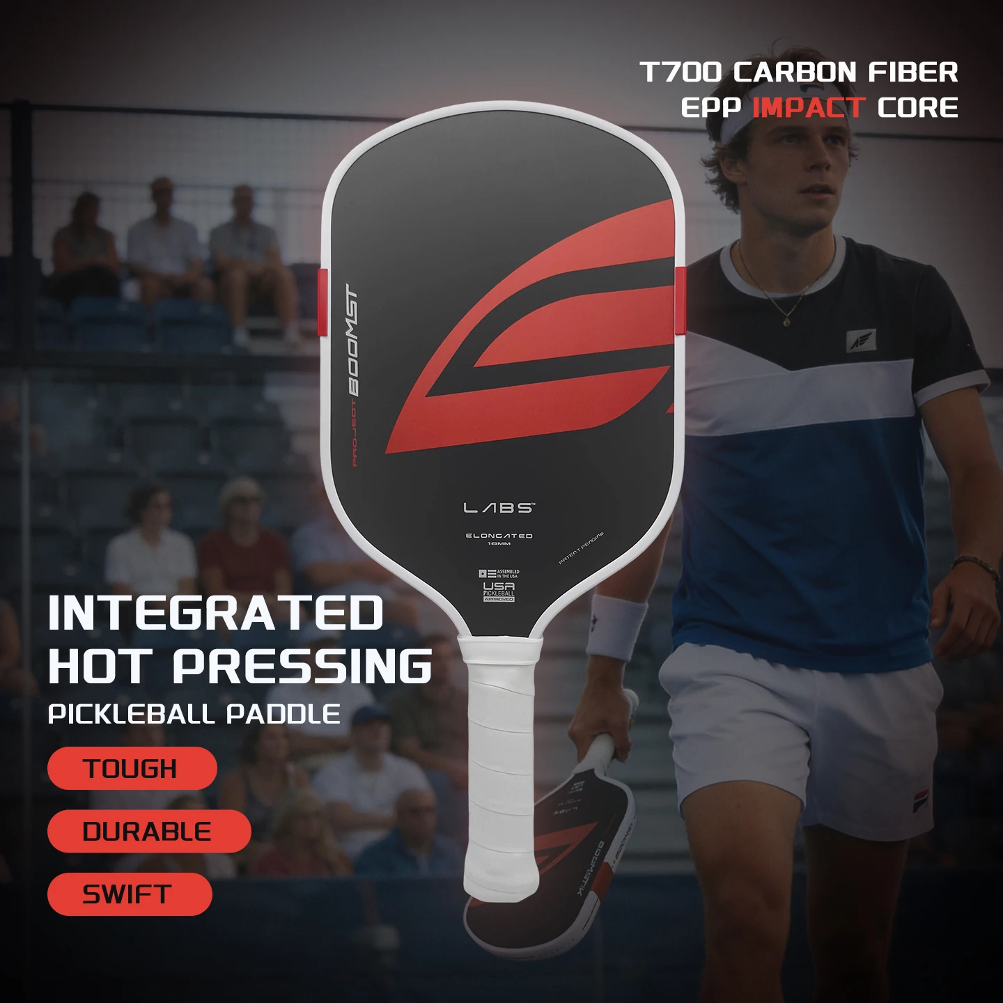 

Ракетка для пиклбола BOOMSTICK из грубого углеродного волокна T700 GEN5, изготовленная методом горячего прессования.