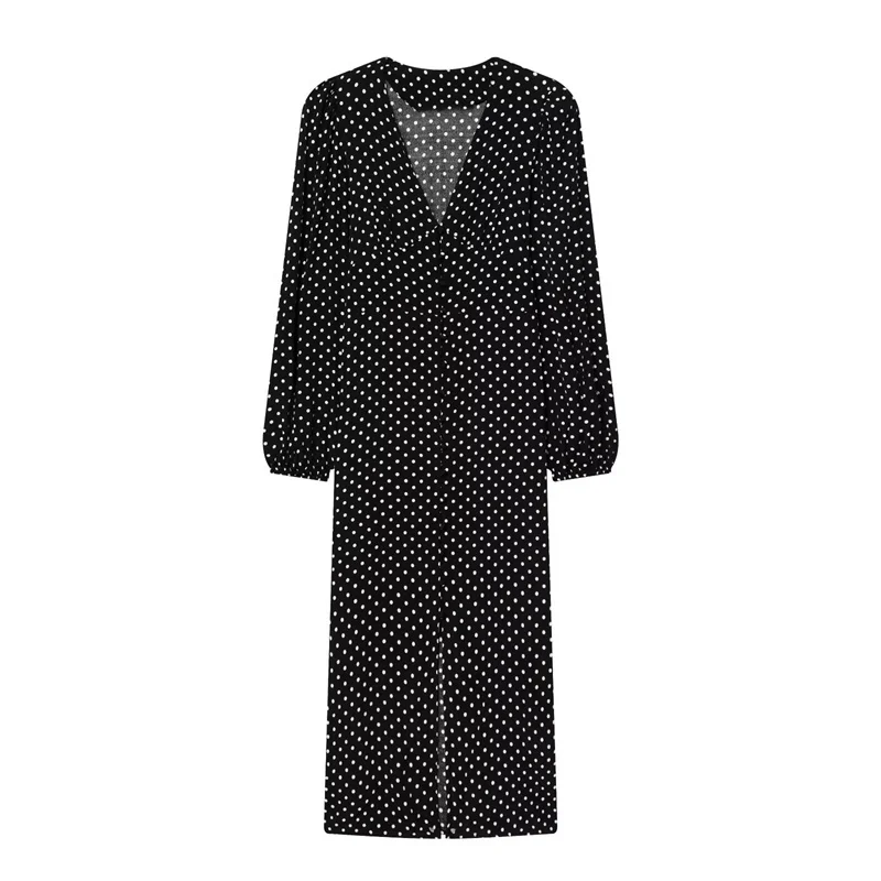 Women's Dress 2026 Spring New Black Polka Dot Long Sleeve V-Neck Lightweight Maxi Dress Elegant and Simple Fashionable
