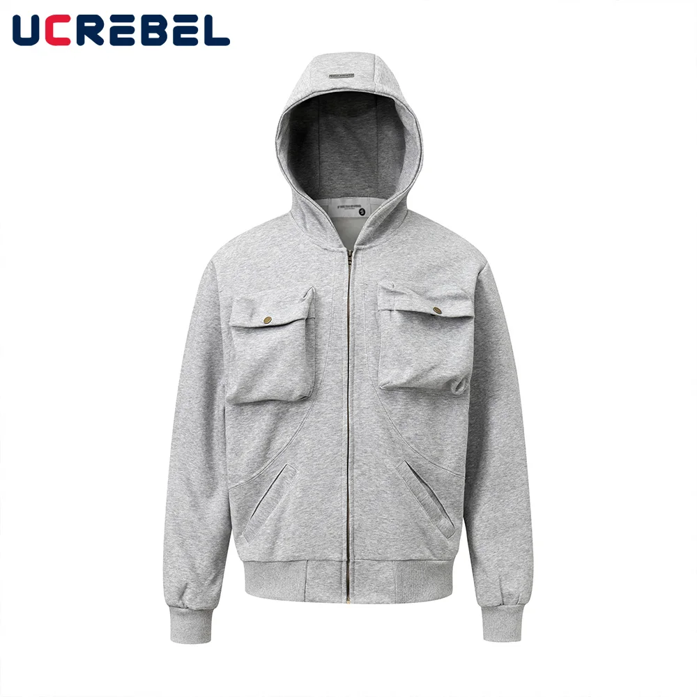 Multi-Pocket Long Sleeve Hoodies Mens High Street Autumn Loose Long Sleeve Hooded Sweatshirts Men Outerwear