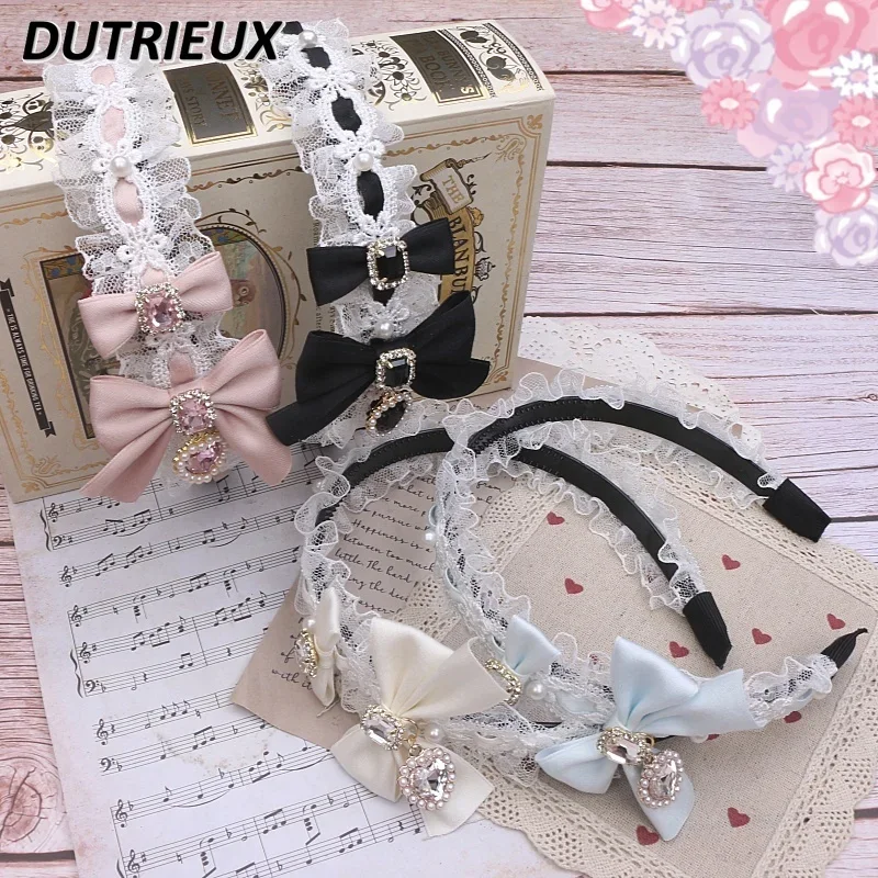 Hair Accessories for Women Headdress Lace Bow New Headwear Rhinestone Love Pendant Beaded Headband Sweet Cute Hairbands