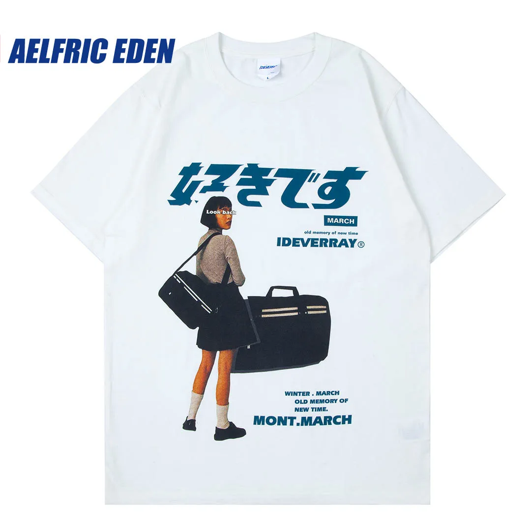 Aelfric Eden Japanese Girl Graphic Tee Streetwear Harajuku Kanji Print Tshirt Summer Short Sleeve T-Shirt Cotton Loose Tops Tees