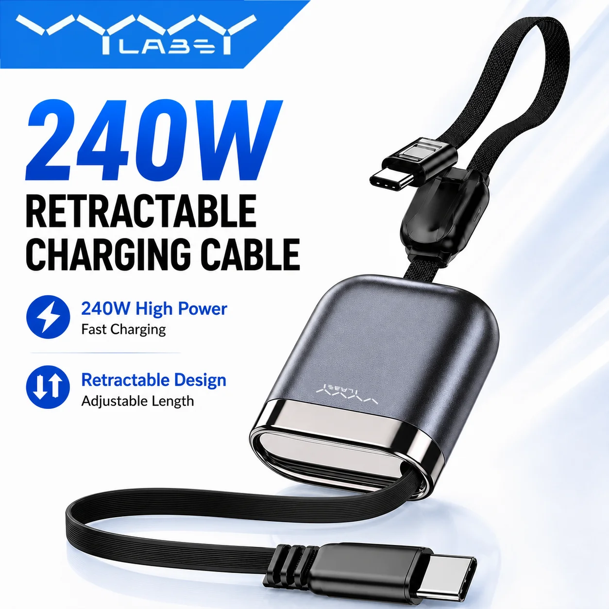Vyvylabs 240W Retractable USB-C Cable Magnetic Storage Fast Charging Cord 480Mbps Data Transfer Adjustable Length Compact Type-C