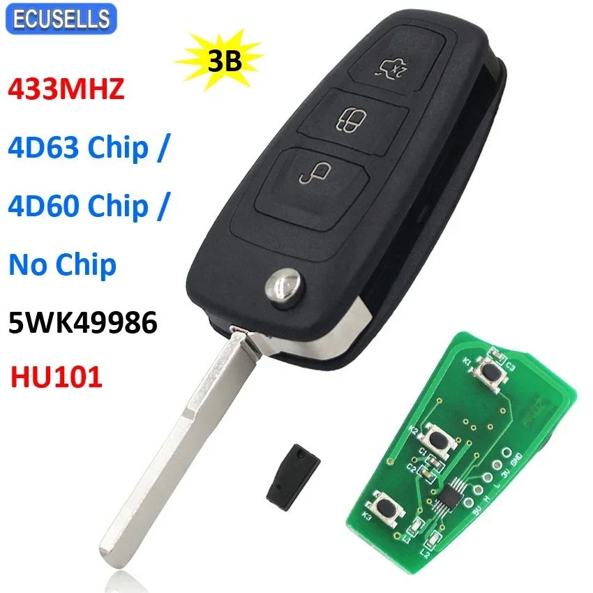 Ecusells Remote Car Key 433MHZ 4D63 4D60 Chip P/N: 5WK4998 for Ford Mondeo Focus Transit Connect Grand C-Max S-Max HU101 Blade