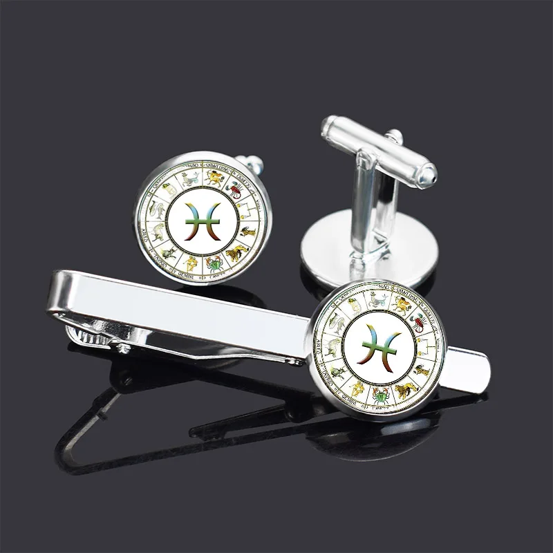 Creative 12 Constellations Exclusive Men's Cufflinks Tie Clip Gift Box Aries Leo Cabochon Glass Pendant Gift Box for Man