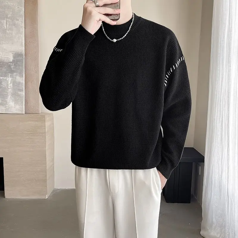 

Korean Young Style Spliced Pullovers Knitted Autumn Winter Casual O-Neck Men's Clothing Basic Solid Color Long Sleeve Sweaters